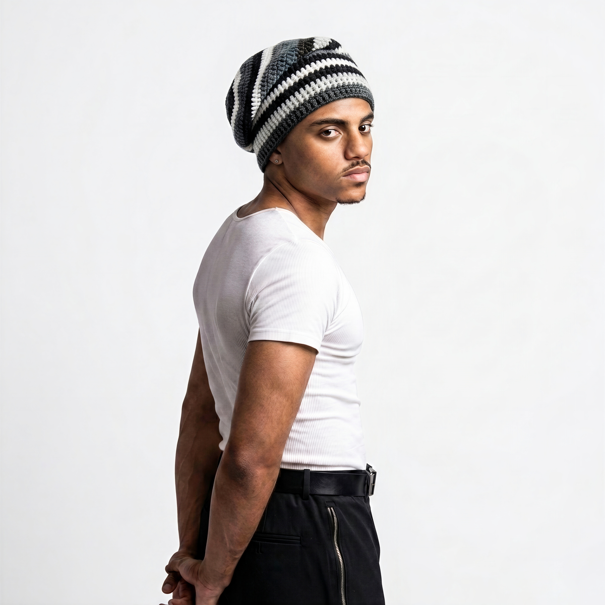 Monochrome Slouchy Crochet Beanie