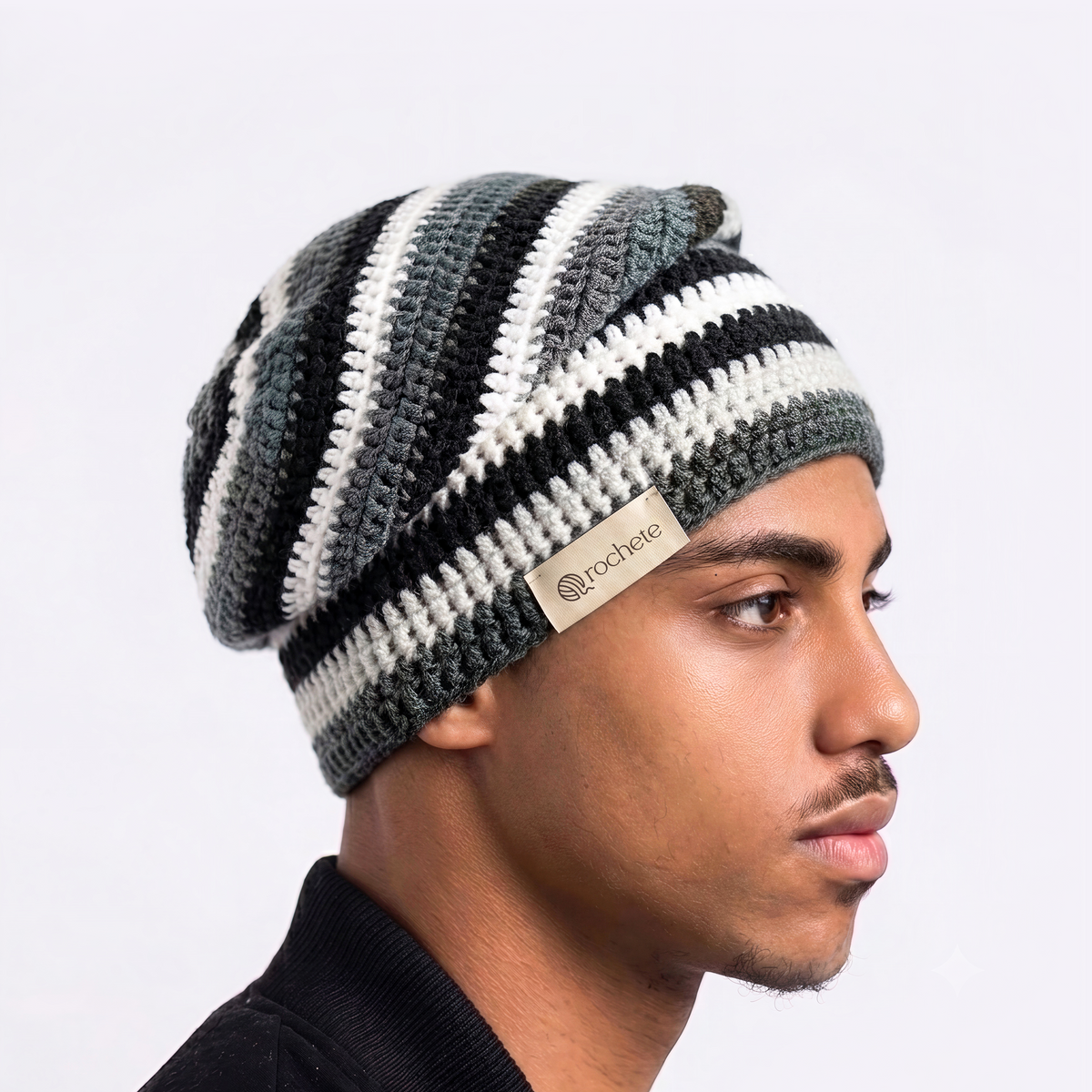 Monochrome Slouchy Crochet Beanie